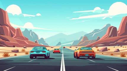 Fototapeta na wymiar Cartoon modern landscape with automobiles driving on the highway near rocky hills on asphalt. Skyline with three vehicles on roadway.