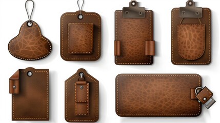 Modern realistic set of brown leather labels and tags with stitches. Genuine leather badges and patches with rivets and seams. Modern realistic set isolated on transparent background.