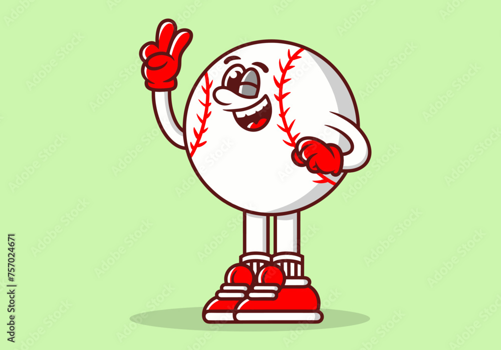 Poster character illustration of baseball ball with hands forming a symbol of peace. white red colors