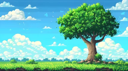Rolgordijnen Pixel art Tree and Clouds, Pixel art game background © Sufyan