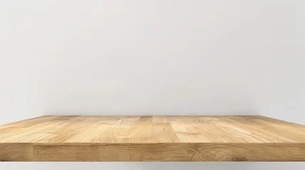 Foto op Plexiglas The 3D model is of a light brown wooden countertop isolated on a white background. A detail shot of the desk surface is shown in the foreground. Realistic furniture element suitable for use as a © Mark