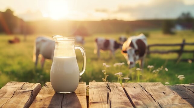A glass pitcher of milk is on a wooden table in front of a field of cows