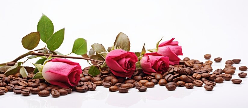 A beautiful arrangement of coffee beans and roses in magenta hues on a white background, creating a stunning contrast in colors and textures