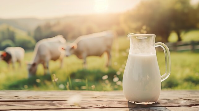 A glass pitcher of milk is on a wooden table in front of a field with cows grazing. Concept of calm and peacefulness, as the cows graze and the pitcher of milk sits on the table