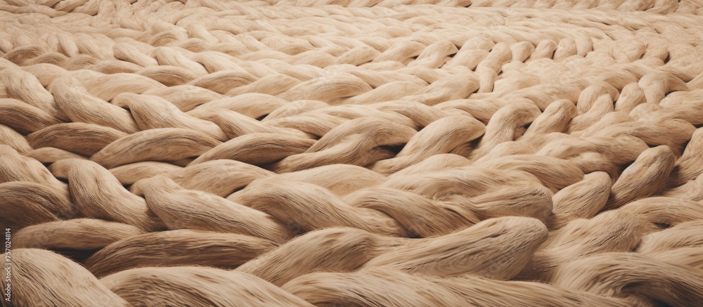 Poster close up shot of a stack of knitted wool, showcasing the intricate pattern and soft texture. feel th