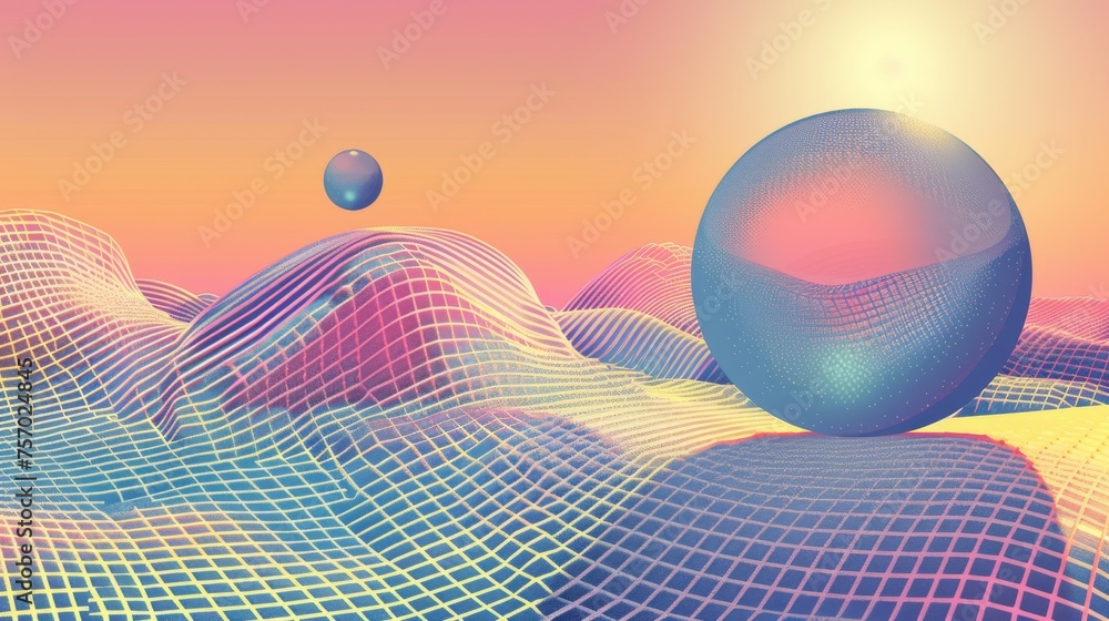 Poster Abstract perspective grid surface and gradient colored sphere design for Y2K poster design. Modern set of retro 2000s aesthetic style banners and covers with geometry wireframe techno element.