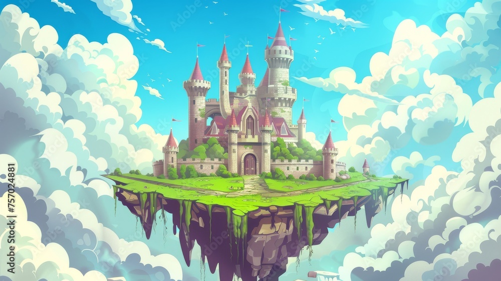 Poster this cartoon modern fantasy island with green grass and a path to a fairytale palace with gates and 