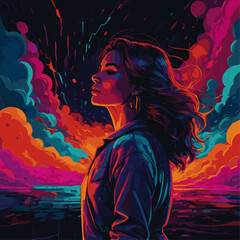 Abstract background, bold neon colors, cartoon style illustration of a woman.