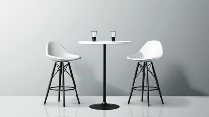 Booth furniture made from white plastic tops and black legs. Bar counter with stools for exhibitions or cafes. Realistic modern of empty furniture for advertising products.