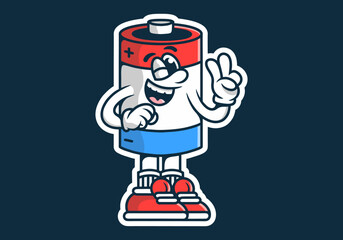 Cute mascot character of a battery with hand forming peace symbol
