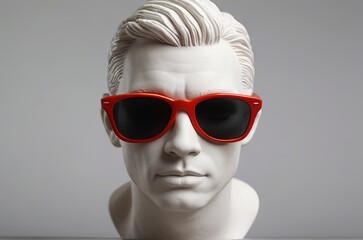 Red sunglasses on sculpture bust of man over gray background