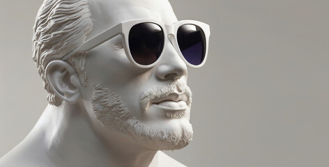 White sunglasses on sculpture bust of man over gray background - obrazy, fototapety, plakaty