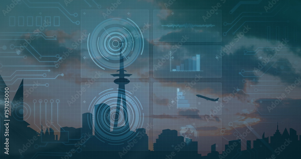 Poster image of scopes scanning and data processing on screens over cityscape