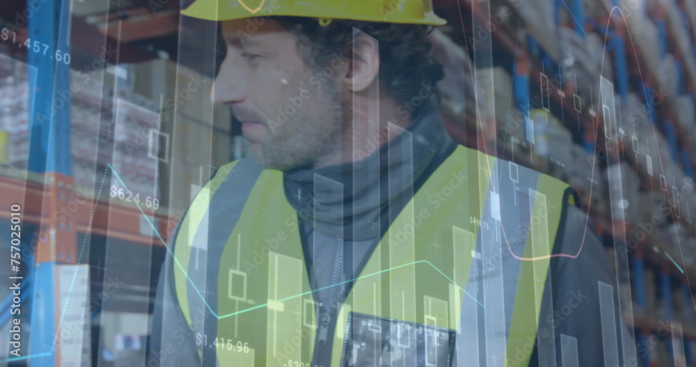 Poster image of statistics and financial data processing over man working in warehouse