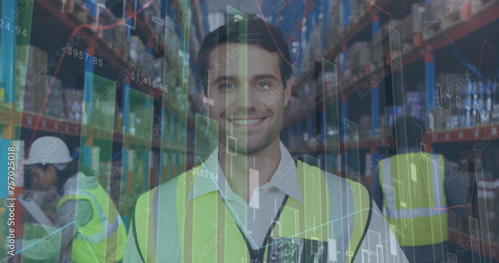 Poster image of statistics and financial data processing over man working in warehouse