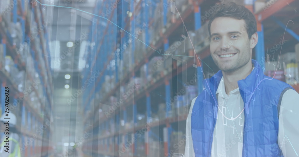 Aufkleber image of statistics and financial data processing over man working in warehouse