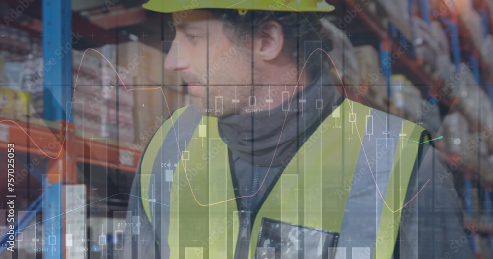 Aufkleber image of statistics and financial data processing over man working in warehouse