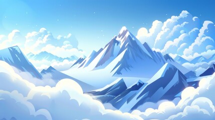 Snowy stone hill tops above haze against cloudy sky during blizzard with rocky peaks. Cartoon modern of panoramic winter landscape with rock mount peaks.
