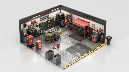 Automotive Workshop Isometric View with Equipment