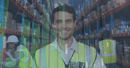 Image of statistics and financial data processing over man working in warehouse