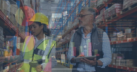 Image of statistics and financial data processing over man and woman working in warehouse