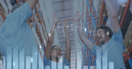 Image of statistics and financial data processing over men and woman hand stacking in warehouse