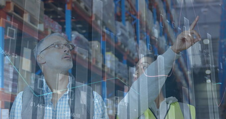 Image of statistics and financial data processing over man and woman working in warehouse