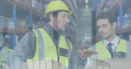 Image of statistics and financial data processing over men working in warehouse