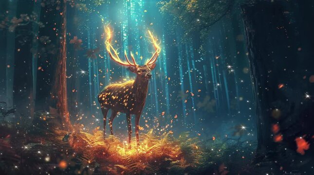 Gentle deer exploring the mystical wonders of the fantasy forest Seamless looping 4k time-lapse virtual video animation background. Generated AI