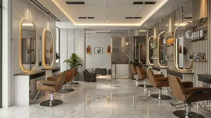 Tuinposter Luxury Hair Salon with Marble and Gold Accents © Thanunchnop