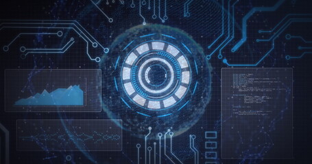 Image of scope scanning and data processing on screens with circuit board elements
