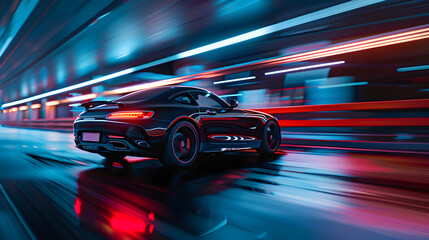 Fototapeta premium Car on the road at night with motion blur. Concept of speed. Generative AI