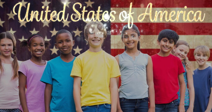Image of united states of america text and schoolchildren over american flag