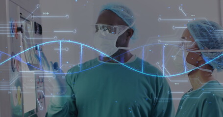 Image of dna strand and processing data over diverse female and male surgeon in discussion