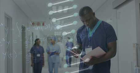 Image of dna strand and maths formulae over african american male doctor with file in hospital
