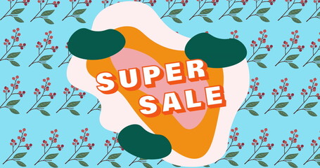 Image of super sale text over flowers on blue background