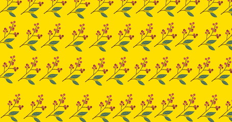 Image of multiple red flowers moving over yellow background