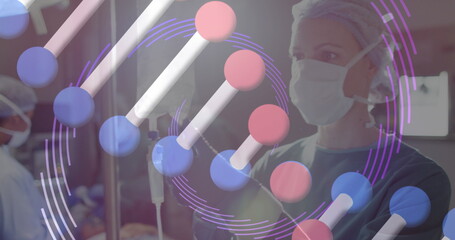 Image of dna strand and data loading over caucasian female surgeon in operating theatre