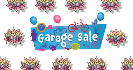 Image of garage sale text over blue banner and flowers on white background