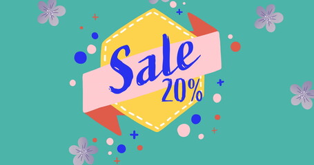 Sale text over yellow banner and abstract shapes against multiple purple flowers on green background