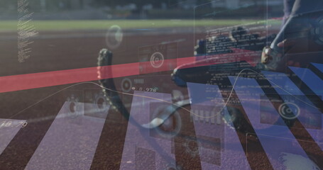 Image of statistics with arrow over disabled male athlete with running blades on racing track