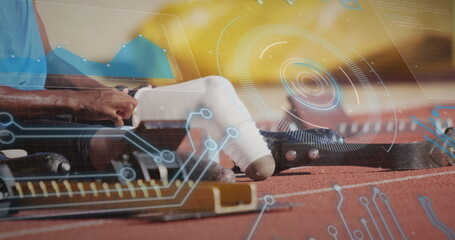 Image of digital data processing over disabled male athlete putting running blades on