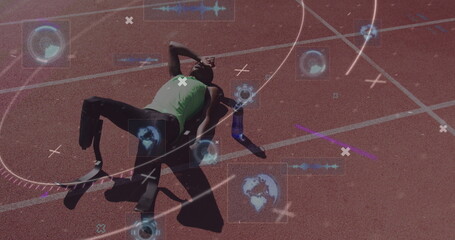 Image of digital data processing over disabled male athlete with running blades on racing track