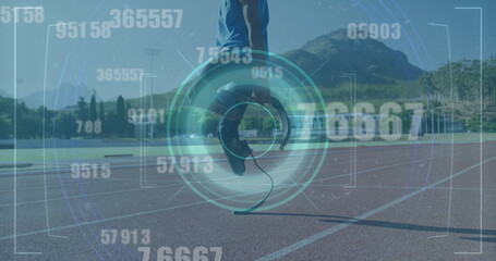 Image of digital data processing over disabled male athlete with running blades on racing track