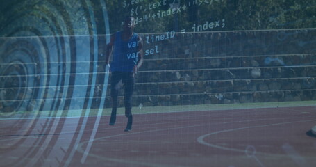 Image of digital data processing over disabled male athlete with running blades on racing track