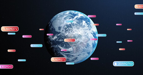 Image of social media text on banners over globe