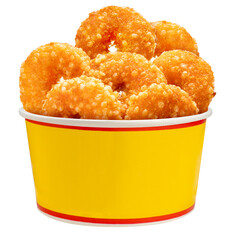 Fried Fish donuts in paper bucket isolated on white, Fried fish donuts  Isolated on White background PNG File.