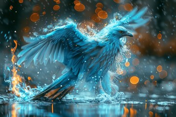 A blue bird is flying over a body of water with a splash of water