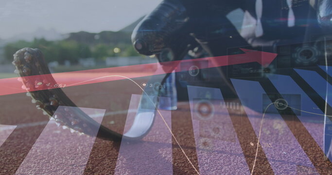 Image of statistics with arrow over disabled male athlete with running blades on racing track