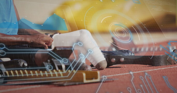 Image of digital data processing over disabled male athlete putting running blades on